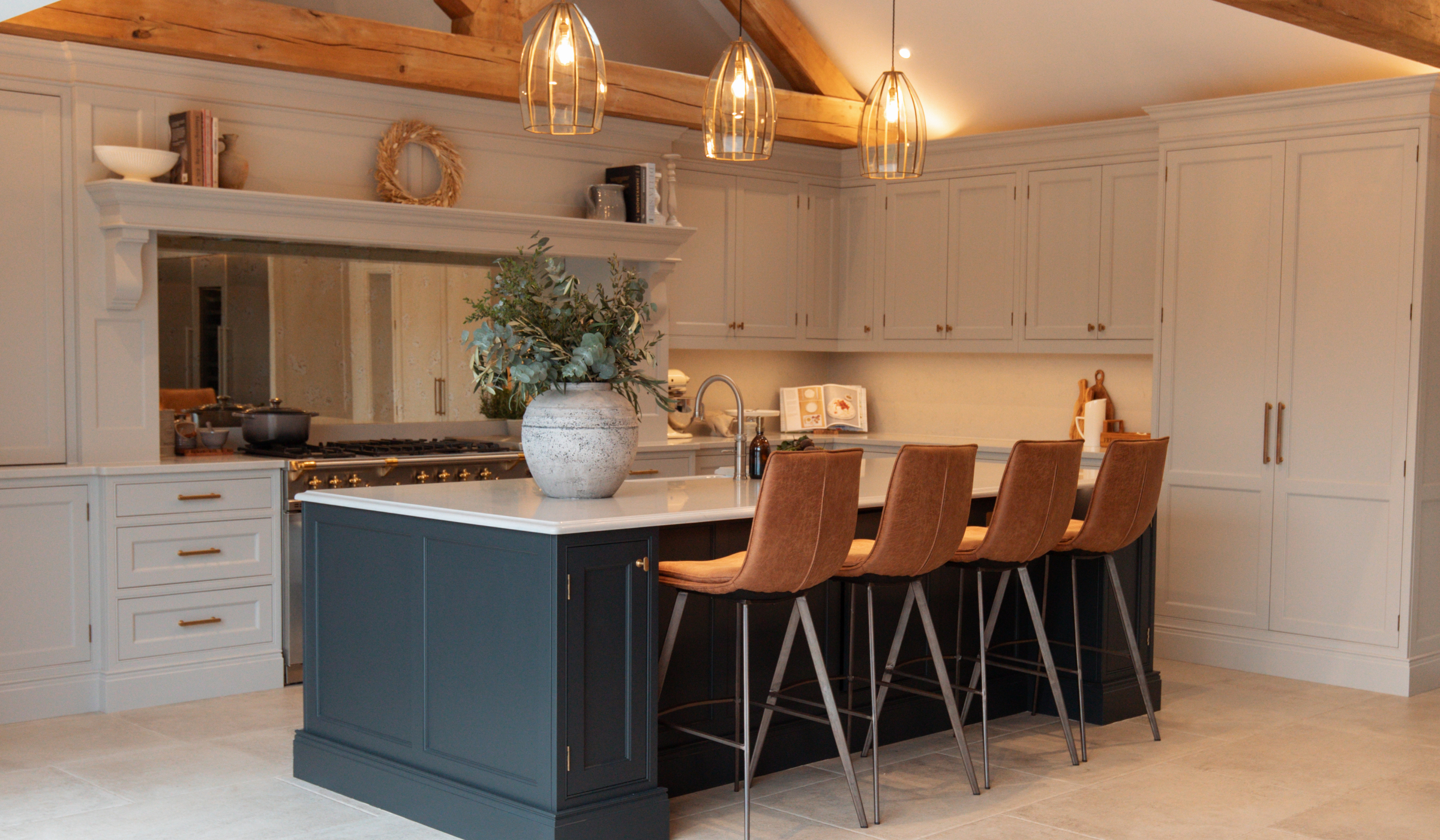 Dark Blue & French Grey Shaker Kitchen with Stainless Steel Lacanche Range Cooker
