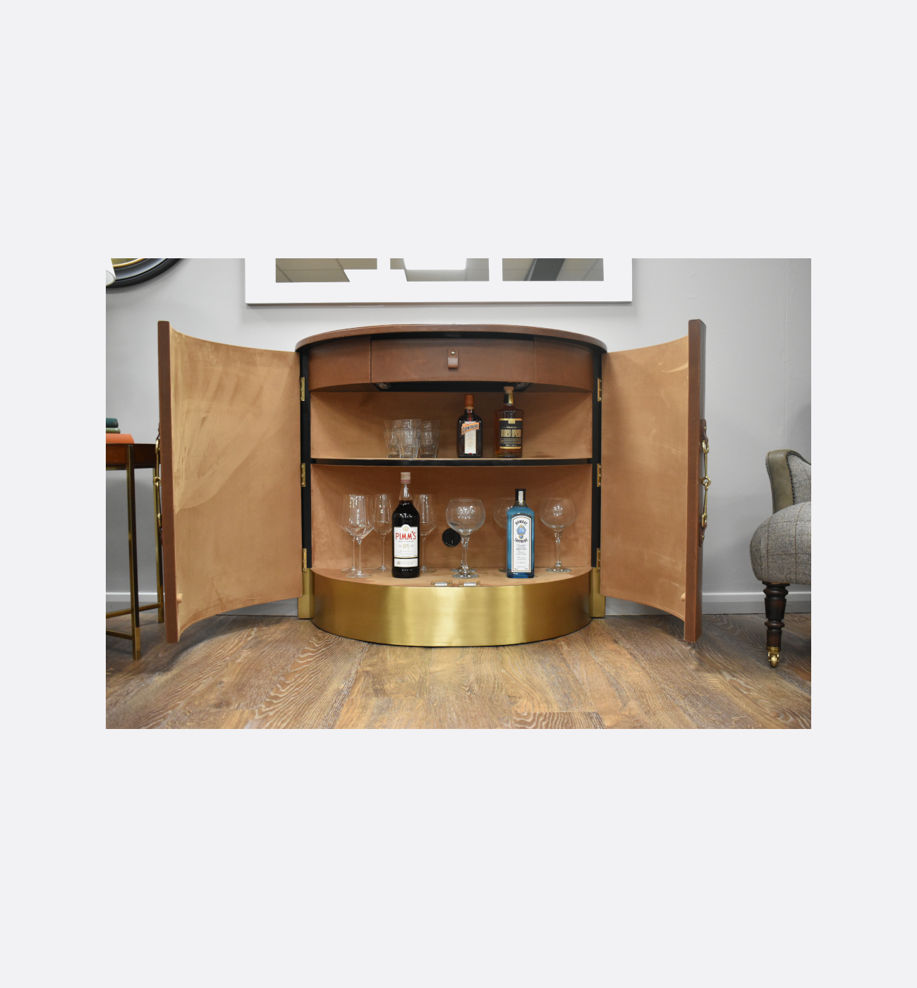 Coach House Tan Leather Curved Cabinet Ex Display Img4 Coach House Tan Leather Curved Cabinet Ex Display Img4