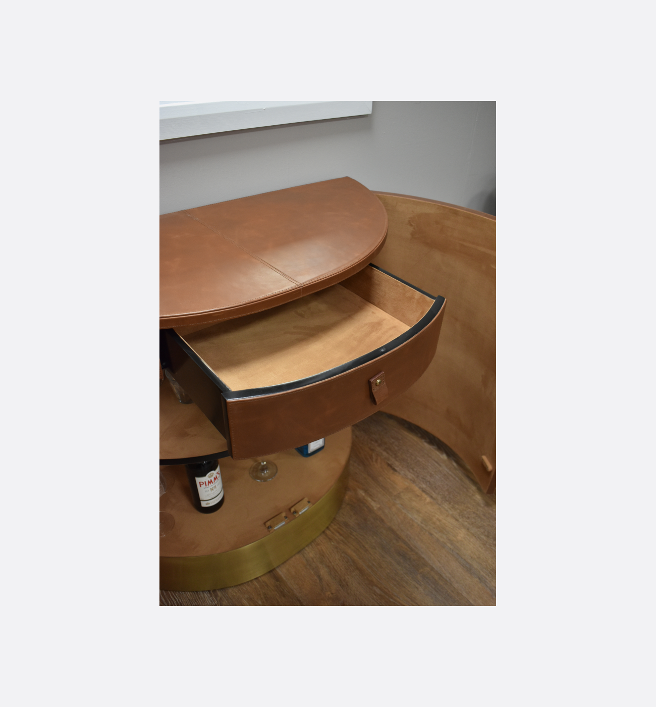 Coach House Tan Leather Curved Cabinet Ex Display Img6 Coach House Tan Leather Curved Cabinet Ex Display Img6